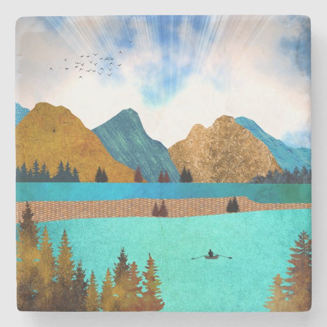 Morning Lake Rower Stone Coaster (Front)