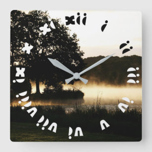 Morning Lake Scene Fat Roman Numbers wca Square Wall Clock