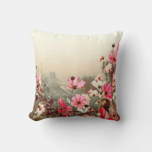Morning light, blooming pink cosmos. throw pillow
