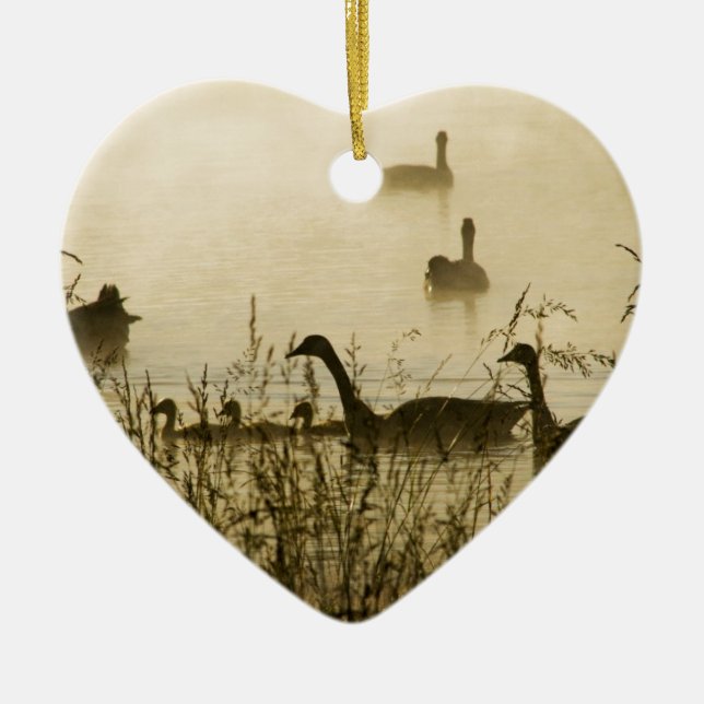 Morning Light Canadian Geese Pond Silhouette Ceramic Ornament (Front)