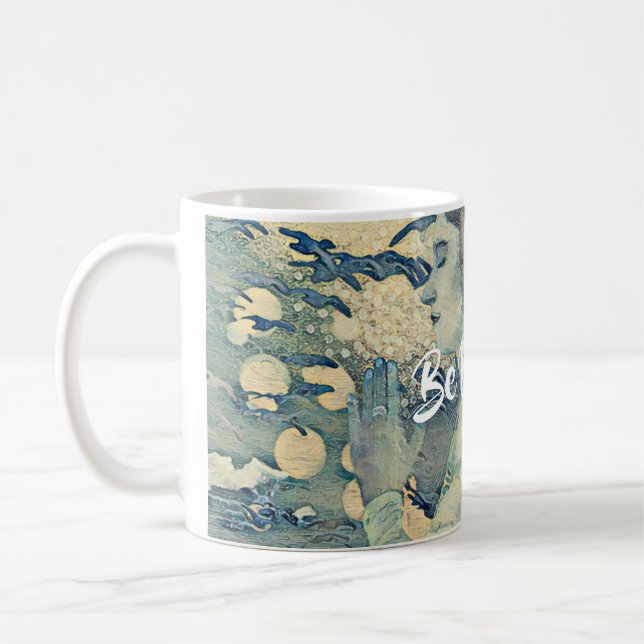 Morning Meditation Spiritual Prayer Woman Blue Coffee Mug (Left)