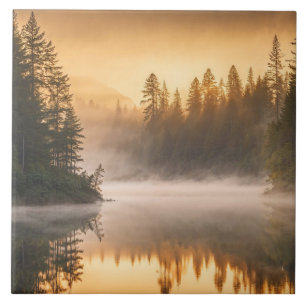 Morning Mist on River in the Pines Ceramic Tile