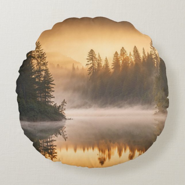 Morning Mist on River in the Pines Round Pillow (Front)
