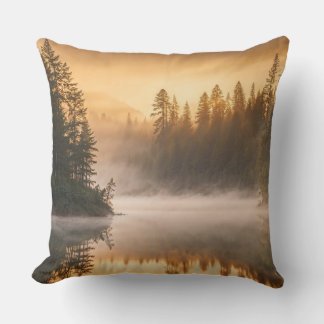 Morning Mist on River in the Pines Throw Pillow