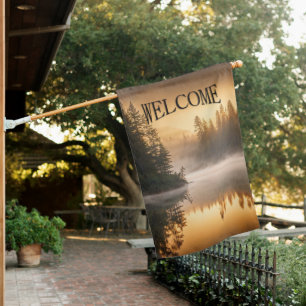 Morning Mist on River in the Pines Welcome House Flag