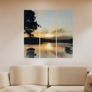 Morning Mist Sunrise over Lake Photographic Triptych
