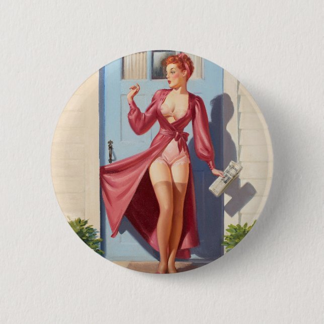 Morning Newspaper Pin-Up Girl Button (Front)