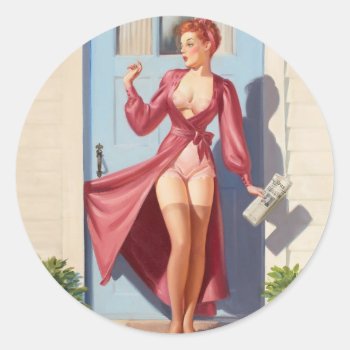 Morning Newspaper Pin-up Girl Classic Round Sticker by PinUpGallery at Zazzle
