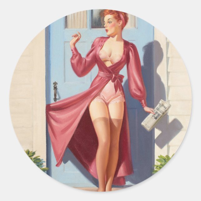 Morning Newspaper Pin-Up Girl Classic Round Sticker (Front)