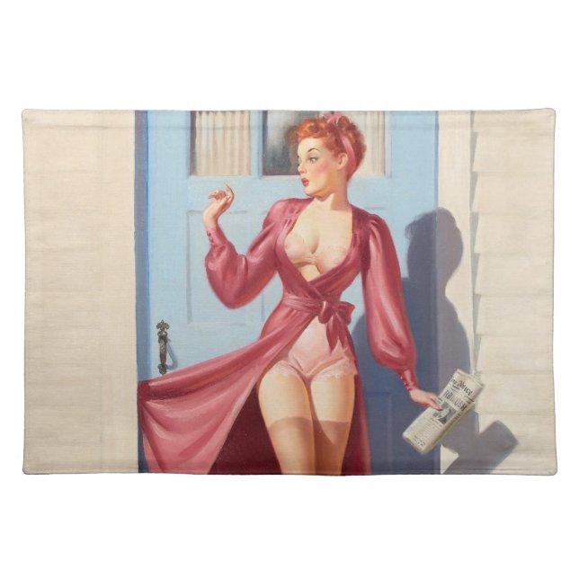 Morning Newspaper Pin-Up Girl Cloth Placemat (Front)