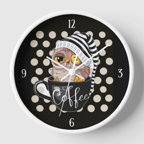 Morning Owl Black Tan Polka Dots Clock