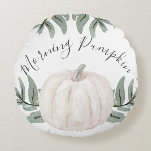 Morning Pumpkin Pastel Watercolor with Fall Leaves Round Pillow