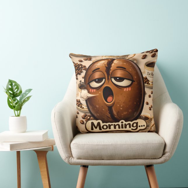 Morning, sleepy coffee bean funny relatable coffee throw pillow (Chair)