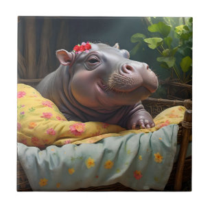 "Morning Snuggles: Baby Hippo Wakes in Basket, Ceramic Tile