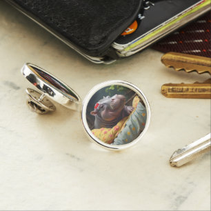 "Morning Snuggles: Baby Hippo Wakes in Basket, Lapel Pin