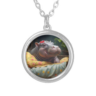 "Morning Snuggles: Baby Hippo Wakes in Basket, Silver Plated Necklace