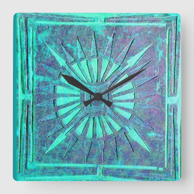 MORNING STAR , Teal Aqua Blue Square Wall Clock (Front)