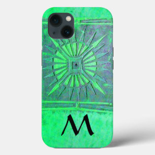 MORNING STAR , Teal Green Black Monogram iPhone 13 Case