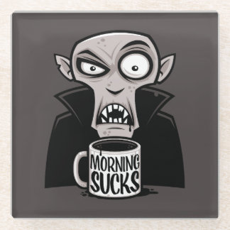 Morning Sucks Grumpy Vampire Coffee Design Glass Coaster