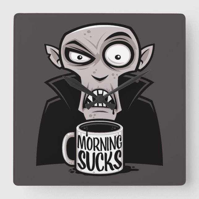 Morning Sucks Grumpy Vampire Coffee Design Square Wall Clock (Front)
