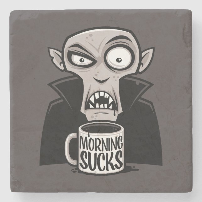 Morning Sucks Grumpy Vampire Coffee Design Stone Coaster (Front)