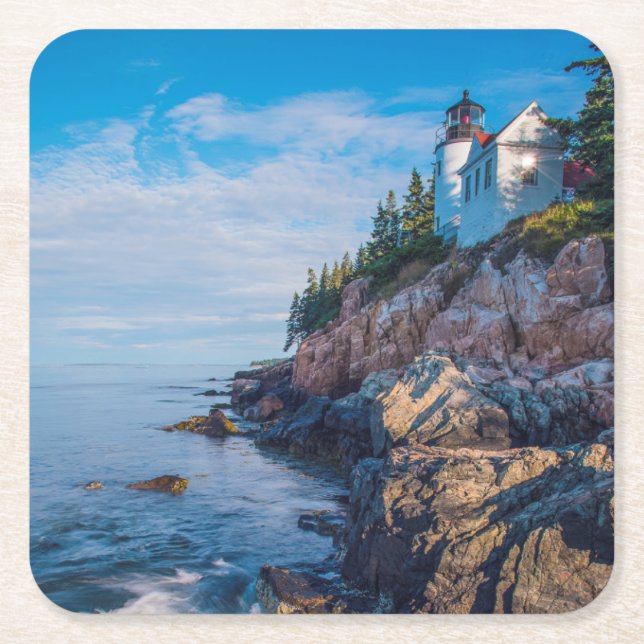 Morning Sun At Bass Harbor Lighthouse Square Paper Coaster (Front)