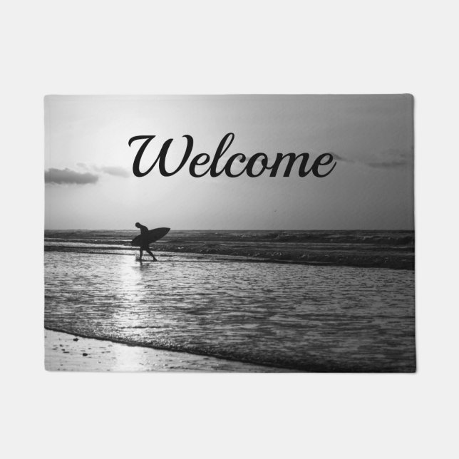 Morning Surfer Grayscale Welcome Doormat (Front)