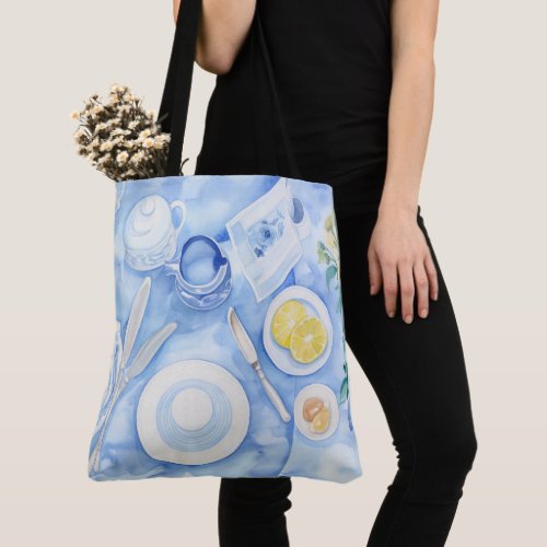 Morning table painting tablecloth setting  tote bag