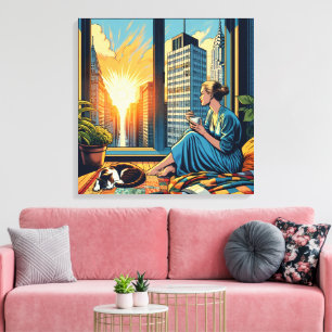 Morning Time in the City Woman Reflecting Canvas Print