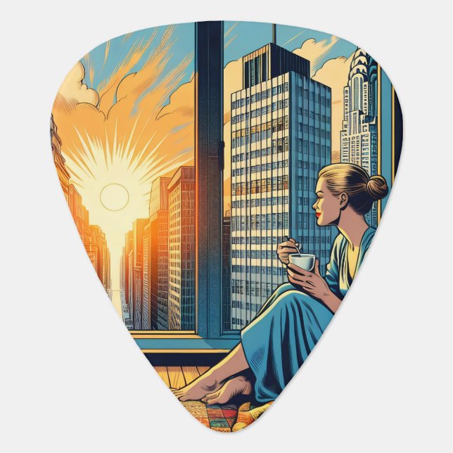 Morning Time in the City | Woman Reflecting Guitar Pick (Front)