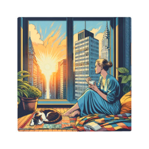 Morning Time in the City Woman Reflecting Metal Print
