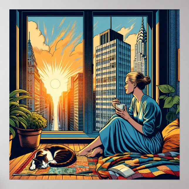 Morning Time in the City | Woman Reflecting Poster (Front)