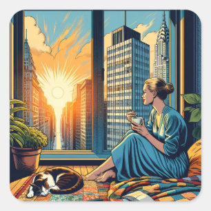 Morning Time in the City Woman Reflecting Square Sticker