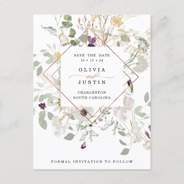 Morning Wildflowers | Geometric Save the Date Announcement Postcard (Front)