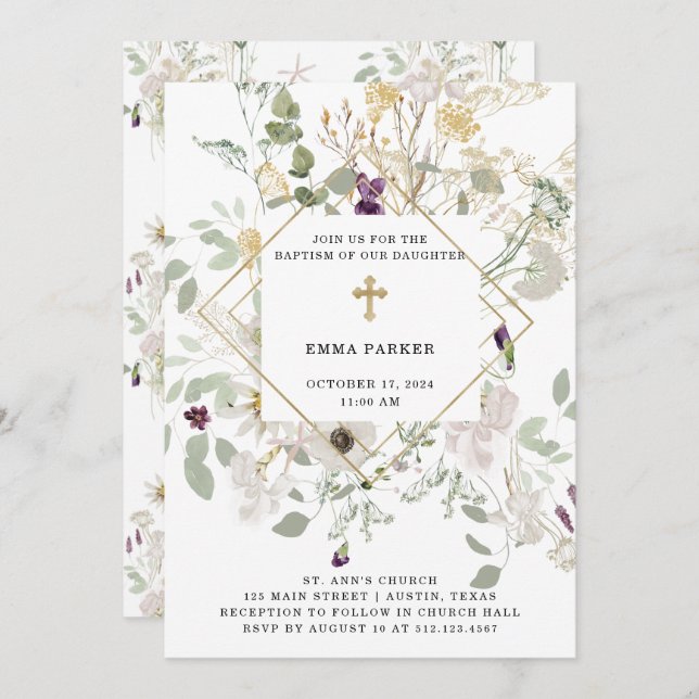 Morning Wildflowers | Gold Geometric Baptism Invitation (Front/Back)