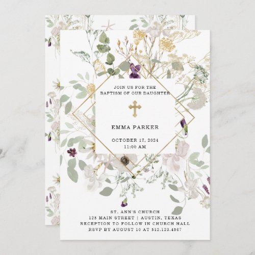 Morning Wildflowers  Gold Geometric Baptism Invitation