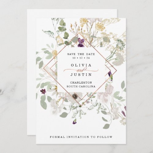 Morning Wildflowers  Rose Gold Geometric White Save The Date
