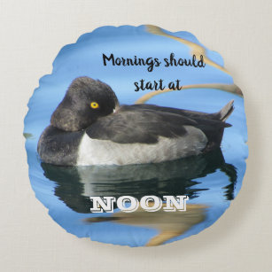 Mornings Should Start Noon Sleepy Black White Duck Round Pillow