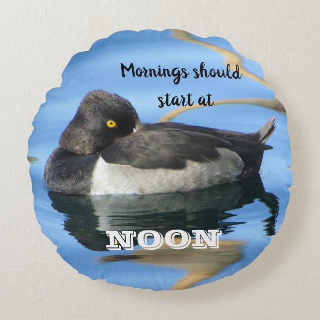 Mornings Should Start Noon Sleepy Black White Duck Round Pillow (Front)