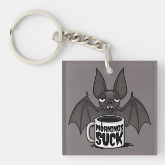 Mornings Suck Sleepy Vampire Bat Coffee Humor Keychain
