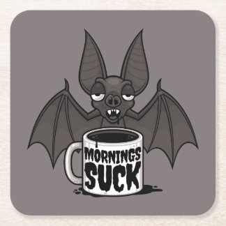 Mornings Suck Sleepy Vampire Bat Coffee Humor Square Paper Coaster