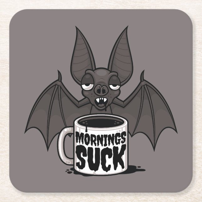 Mornings Suck Sleepy Vampire Bat Coffee Humor Square Paper Coaster (Front)