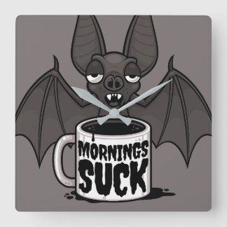 Mornings Suck Sleepy Vampire Bat Coffee Humor Square Wall Clock
