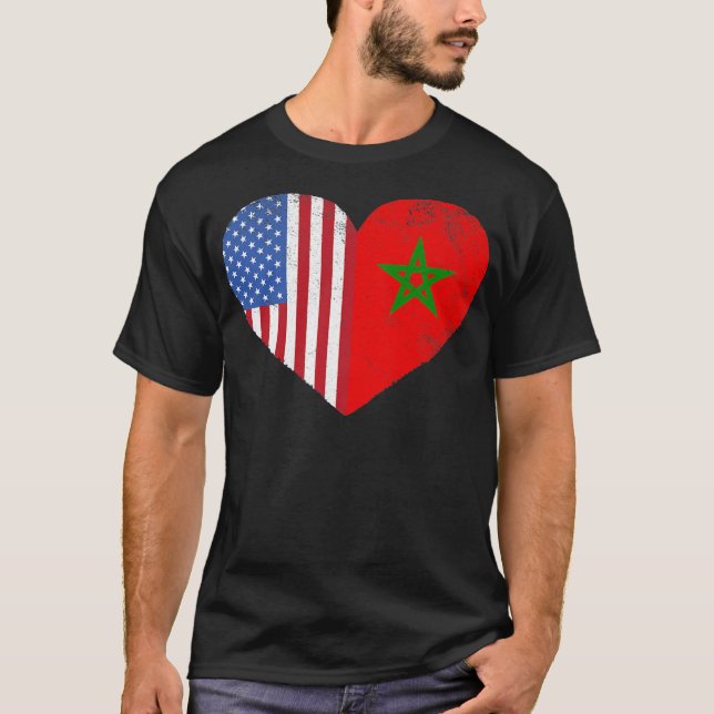 Moroccan American Flag Heart Morocco USA  T-Shirt (Front)
