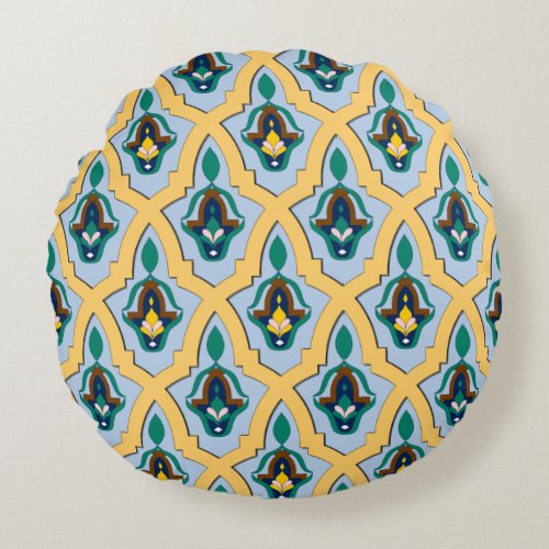 Moroccan Arabic tracery pattern in blue and yellow Round Pillow