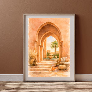 Moroccan Archway Watercolor Riad with Fountain Poster