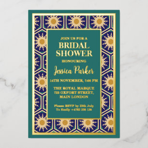 Moroccan Artwork Green Golden Classy Bridal Shower Foil Invitation