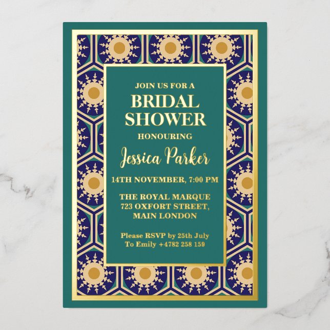 Moroccan Artwork Green Golden Classy Bridal Shower Foil Invitation (Front)