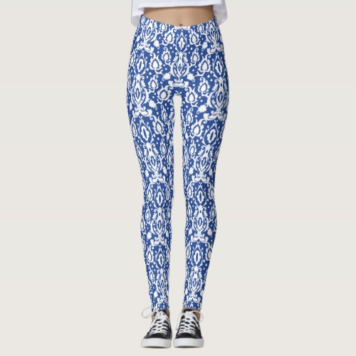 Moroccan Blue and White Modern Casbah Damask Leggings