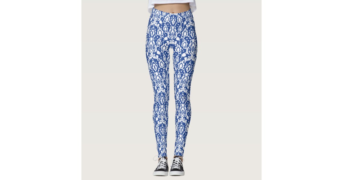 Moroccan Blue and White Modern Casbah Damask Leggings | Zazzle